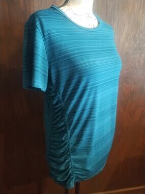Eddie Bauer Womens Large Tall Freedry Ruched Shirt Teal Short Sleeve Active Top